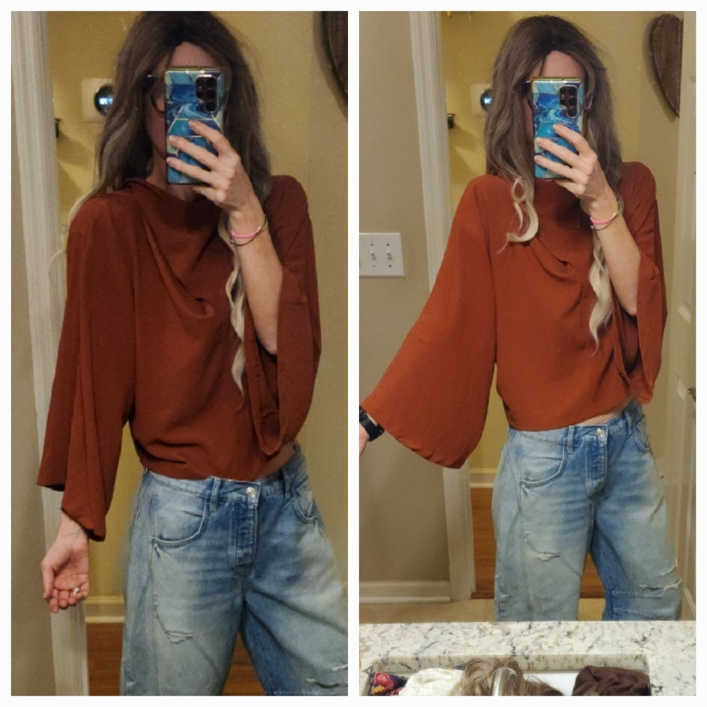 Zara Flowy Draped Cowl Neck Wide Sleeve Top